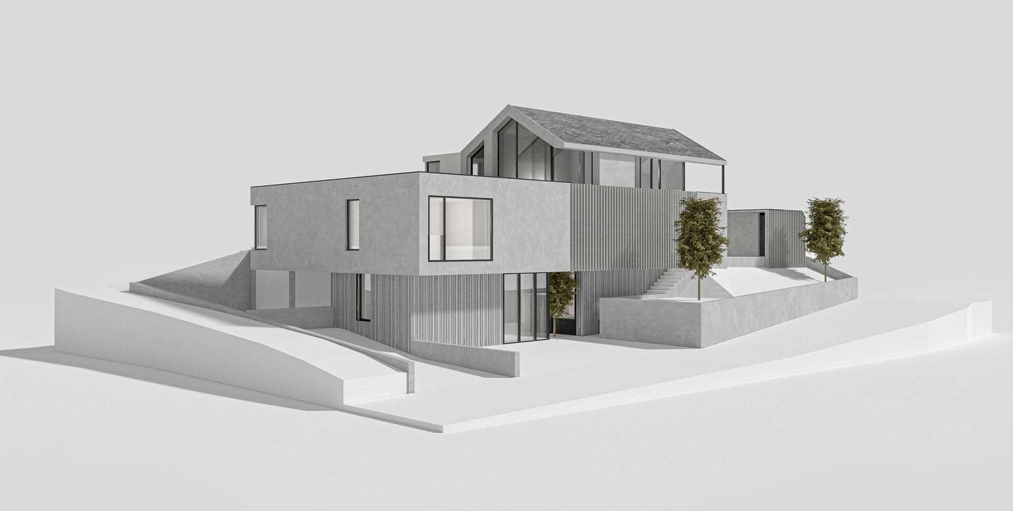Elegante Architektur eines Einfamilienhauses im Bezirk Innsbruck Land | Visualisierung leicht gedrehte Ansicht