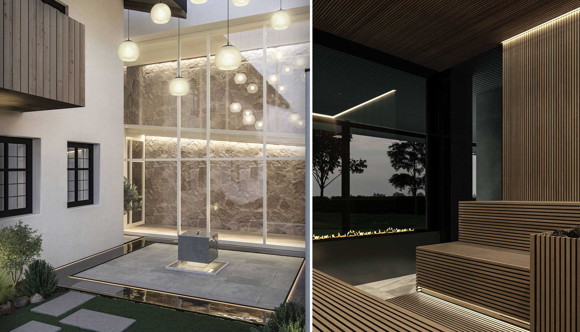 Links: Designerlampen von Umbau eines Denkmals, Rechts: Bänke im Außenbereich, Visualisierung Architektur