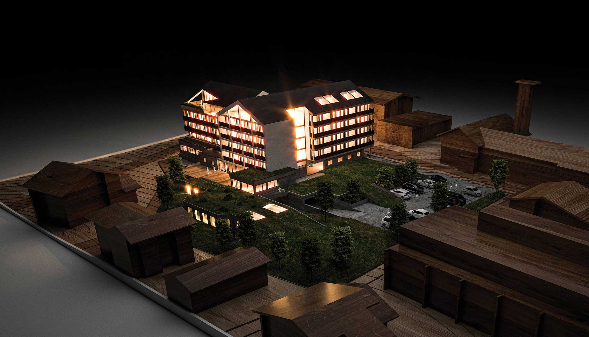 Ansicht bei Nacht | Hotelbau 3D Modell | Hotel von Architekten planen lassen