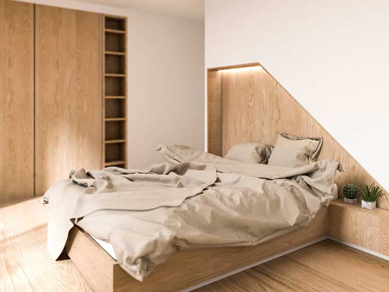 Innenraumdesign in alter Lagerhalle | Visualisierung vom Schlafzimmer mit Einbauschrank | SNOW Architektur