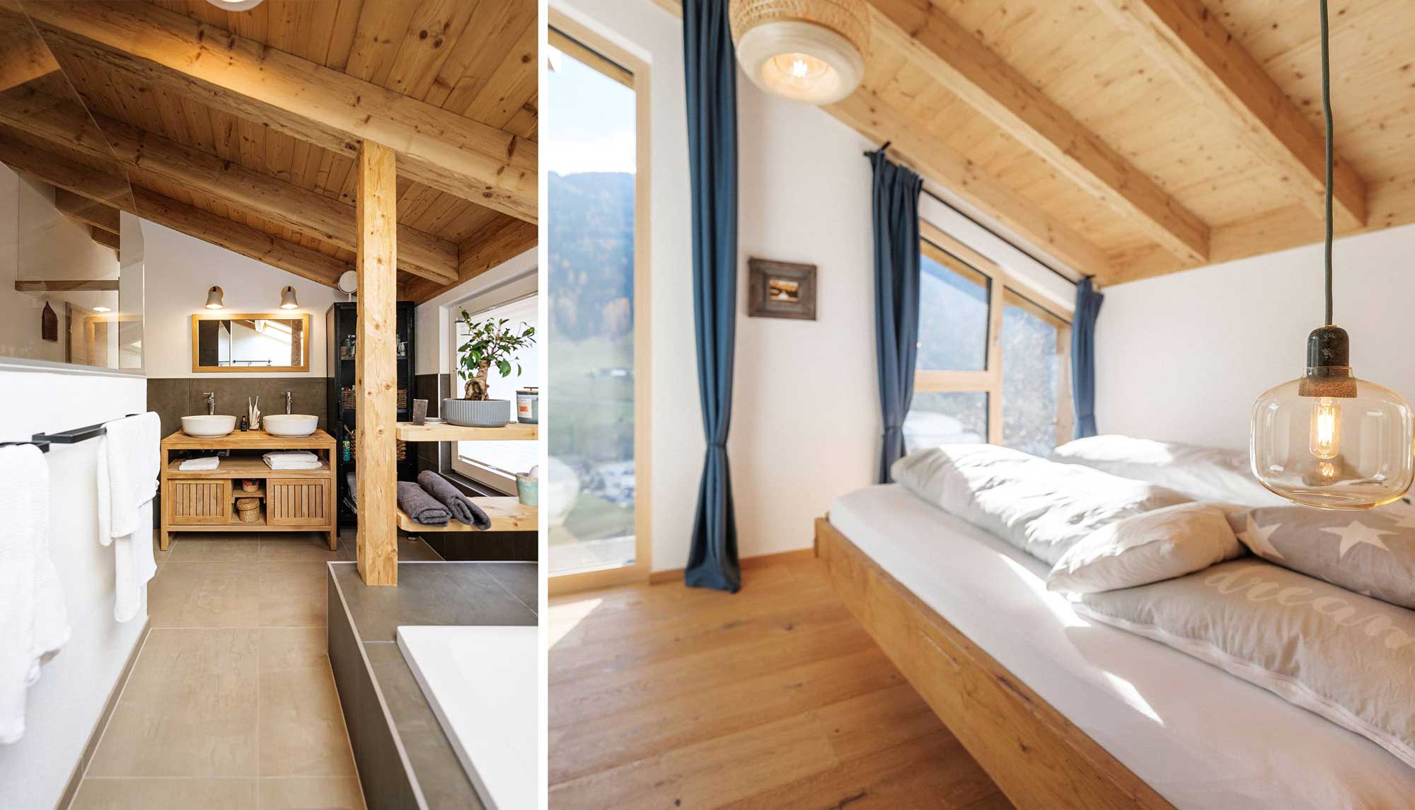 Links: Badezimmer, Rechts: Schlafzimmer | Doppelhaus Architekt | Architekturbüro finden Innsbruck Umgebung