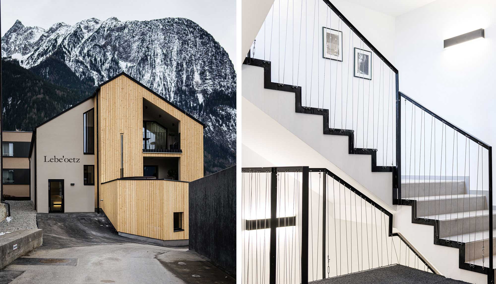 Links: Holzfassade von Apartmenthaus, Rechts: Modernes Treppenhaus Ideen | Planung: Architekturbüro SNOW Innsbruck