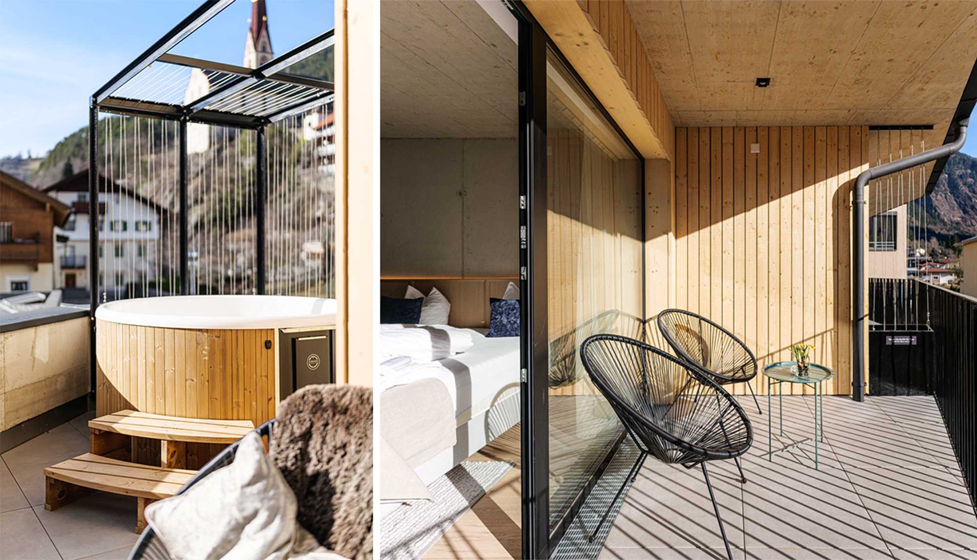 Terrasse mit Hotpot und Sitzbereich - Holzfassade
