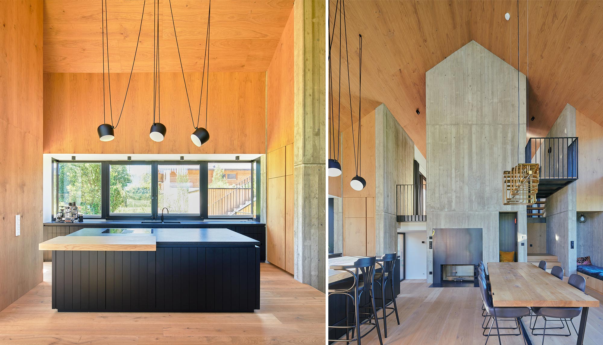 Küchen-Wohnbereich Betonwand & Holzdecke