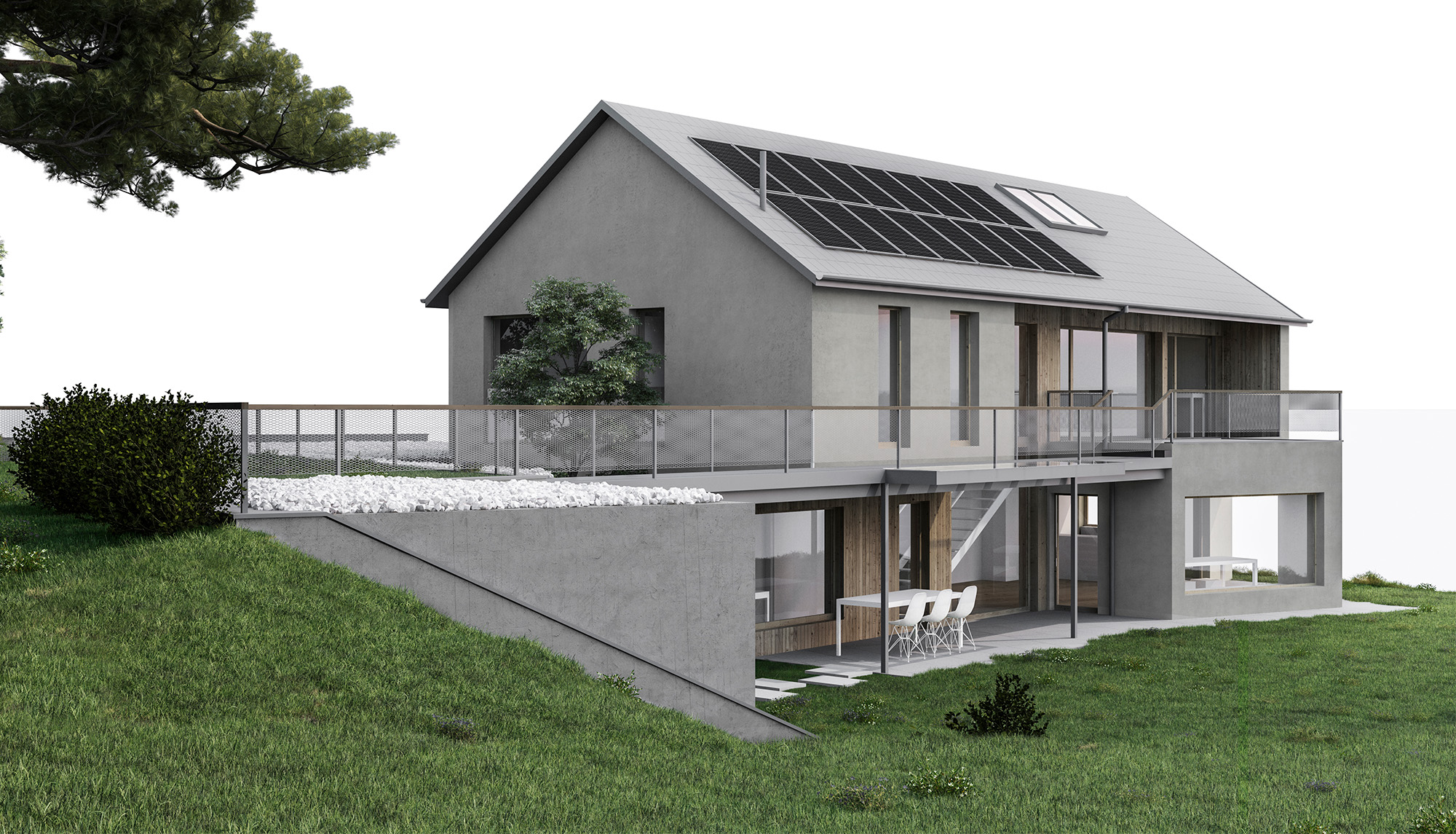 Holzbau Projekt - Ansicht Nebengebäude - Haus im Grünen | Visualisierung