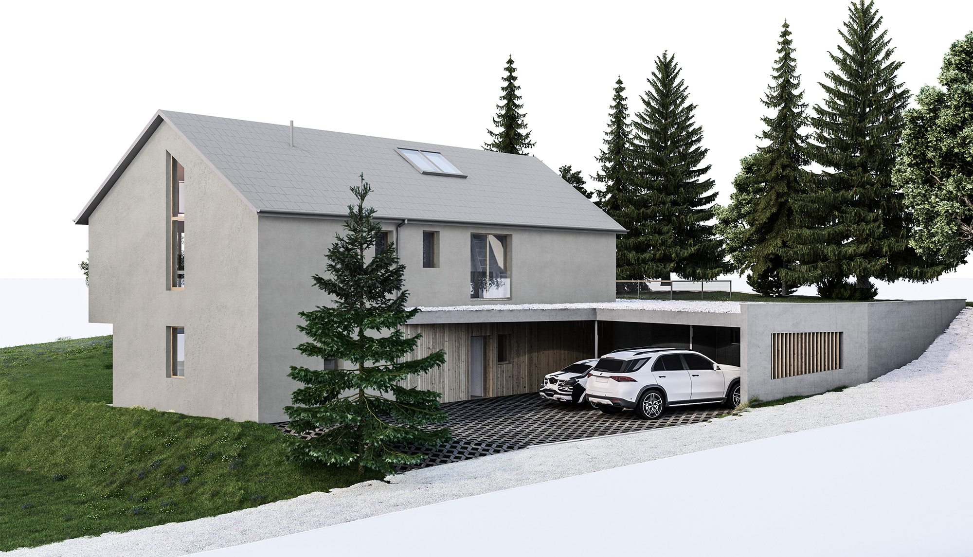 Timber construction project - view carport - house in the green | visualization