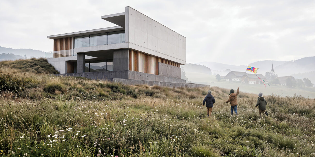 Visualisierung einer minimalistischen Arztpraxis in Sichtbeton mit zweifärbiger Fassade und großer Fensterfläche an einer Hangstraße im Morgennebel