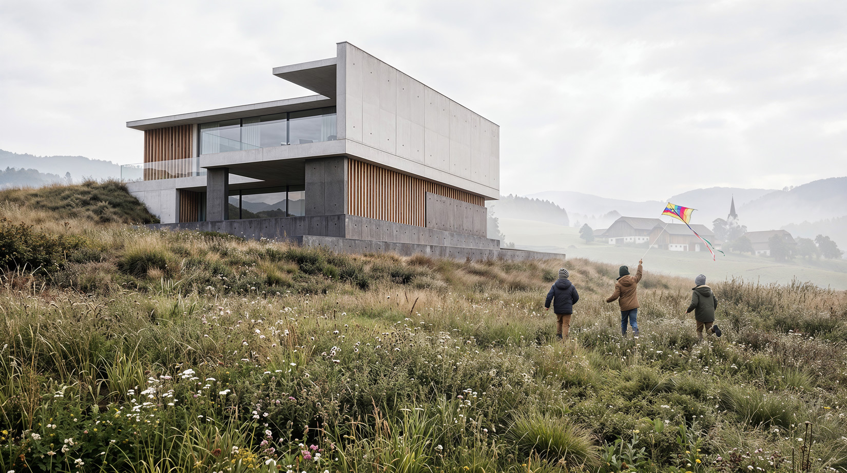Rendering of a minimalist medical office in exposed concrete with a two-tone facade and large windows, located on a hillside street shrouded in morning fog