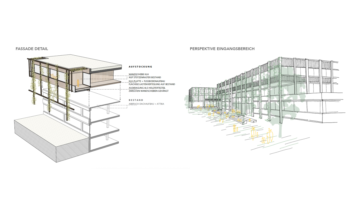 Schule Hartberg - Aufstockung & Neubau - Fassade im Detail und Skizze der Perspektive des Eingangsbereichs