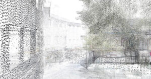 Mit 3D-Laserscanning erzeugte Punktwolke einer Straßensituation: Millionen einzelner Messpunkte bilden Fassaden, einen Baum und den Straßenraum dreidimensional ab