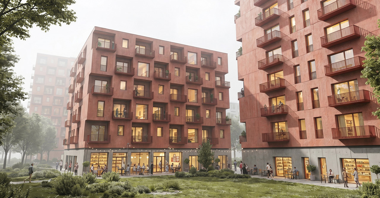 Straßenperspektive des Wohnquartiers „Vier gewinnt" in Wels mit terracottafarbenen Wohngebäuden aus durchgefärbtem Beton an der Salzburger Straße