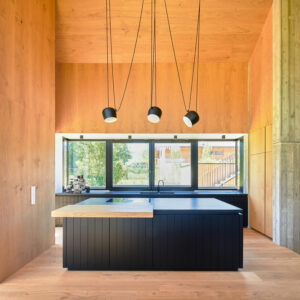 Offene Küche mit schwarzer Kochinsel im modernen Holzbau, Wand- und Deckenverkleidung aus Holz, Sichtbetonkern rechts