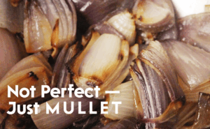 Mullet – Sujet „Not Perfect — Just MULLET" Kampagnensujet Mullet: Nahaufnahme gerösteter roter Zwiebeln mit dem Claim „Not Perfect — Just MULLET"